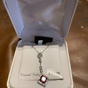 18" Sterling Silver Necklace w/ Dangling Ruby Pendant & White Saphire Accents